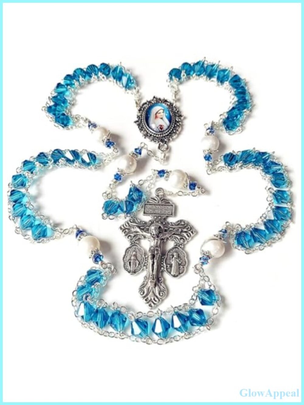 Catholic Rosary Necklace Simulated Pearl Crystal Beads Cross Crucifix Baptism